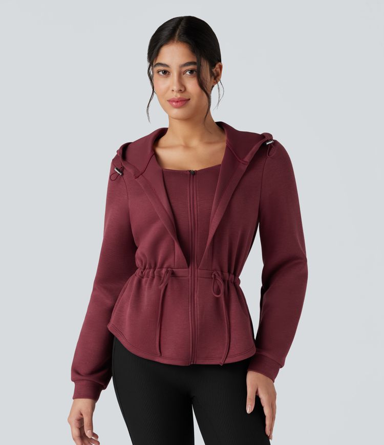Hooded Long Sleeve Drawstring Zip Fly Curved Hem Workout Jacket