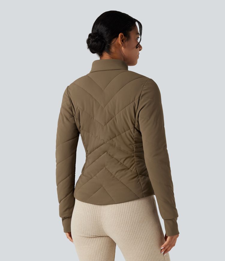 Stand Collar Long Sleeve Thumb Hole Casual Padded Jacket with Pockets