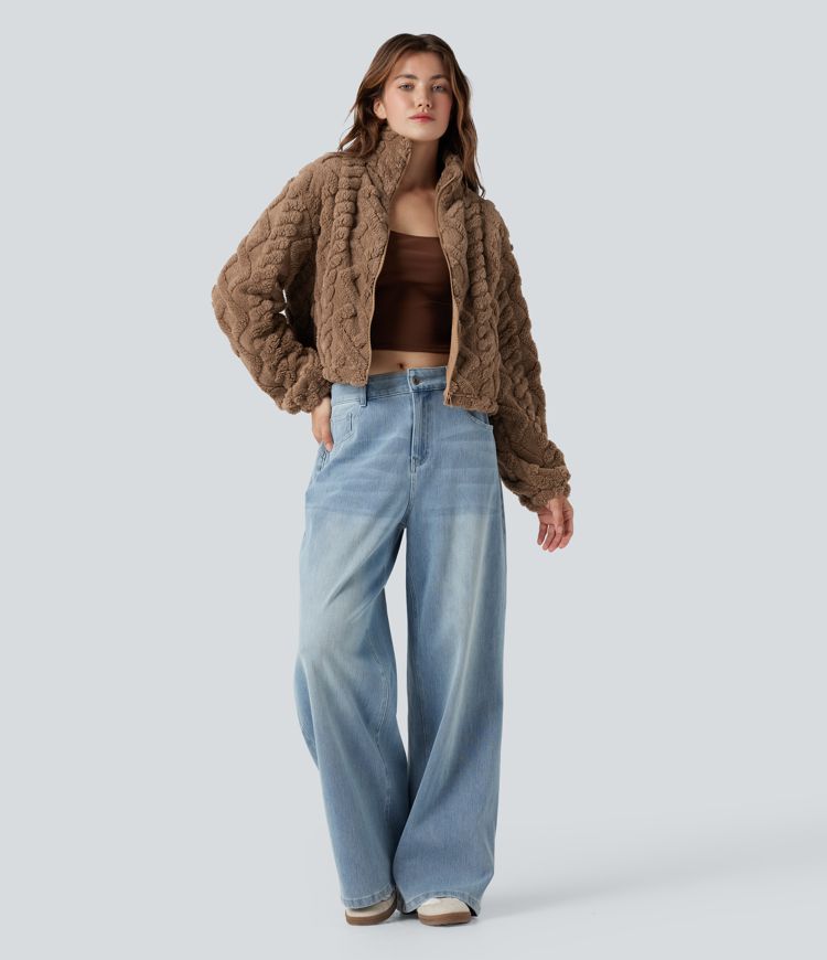 High-neck Zip Fly Casual Fuzzy Jacket with Pockets