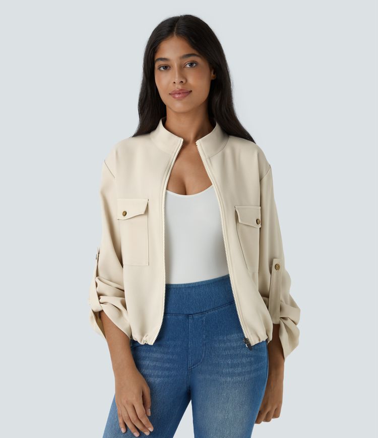 Stand Collar Roll Tab Sleeve Flap Pocket Inside Drawstring Hem Zip Casual Jacket