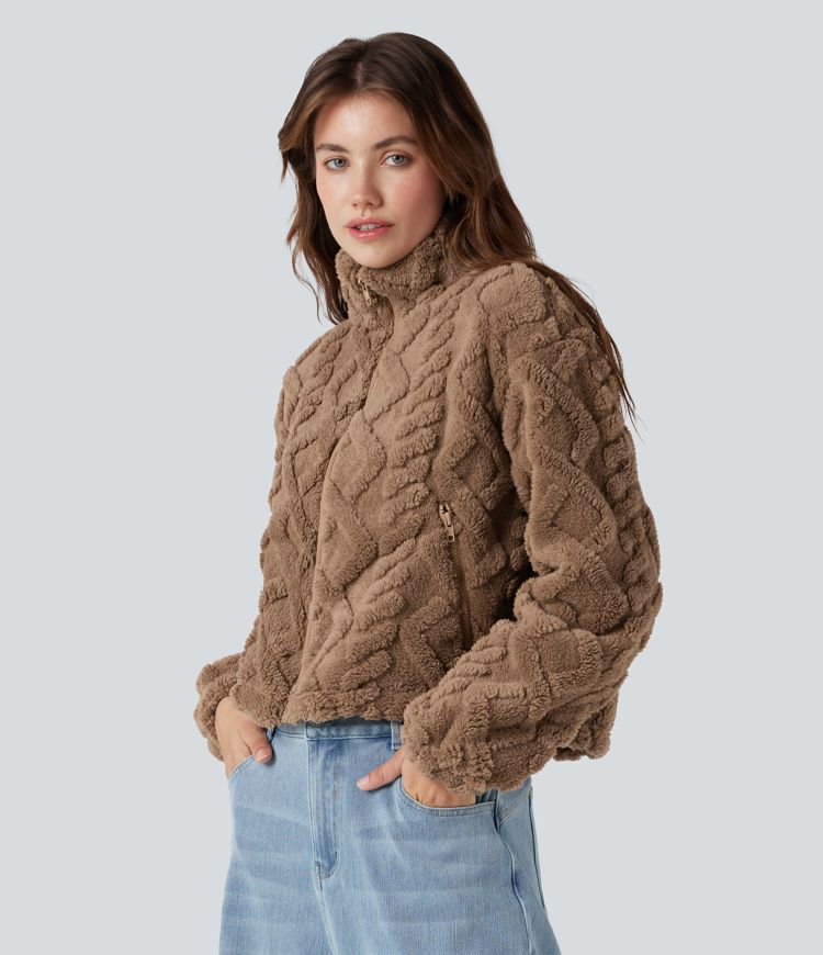 High-neck Zip Fly Casual Fuzzy Jacket with Pockets