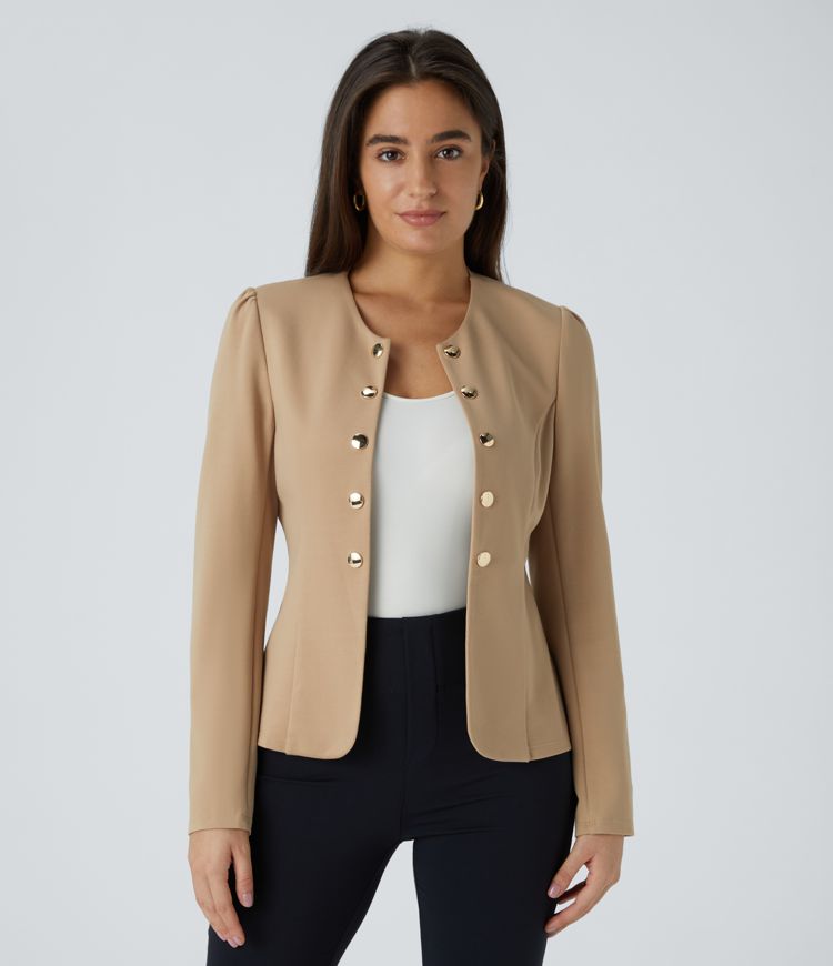 Round Neck Long Sleeve Decorative Button Slim Work Jacket