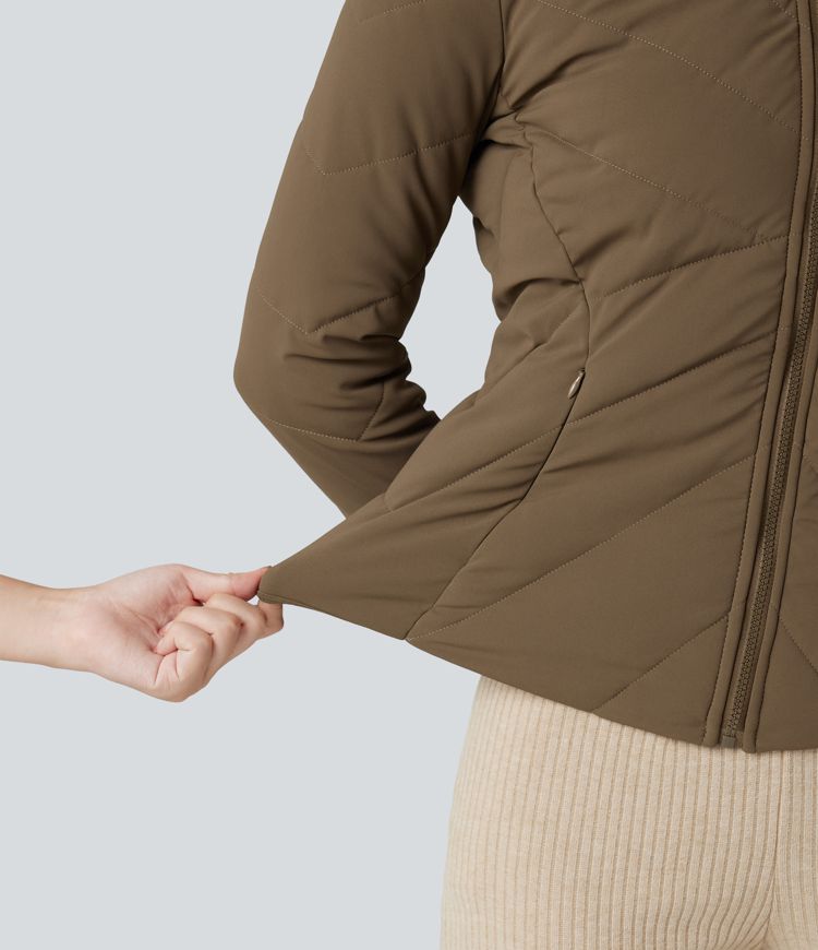 Stand Collar Long Sleeve Thumb Hole Casual Padded Jacket with Pockets