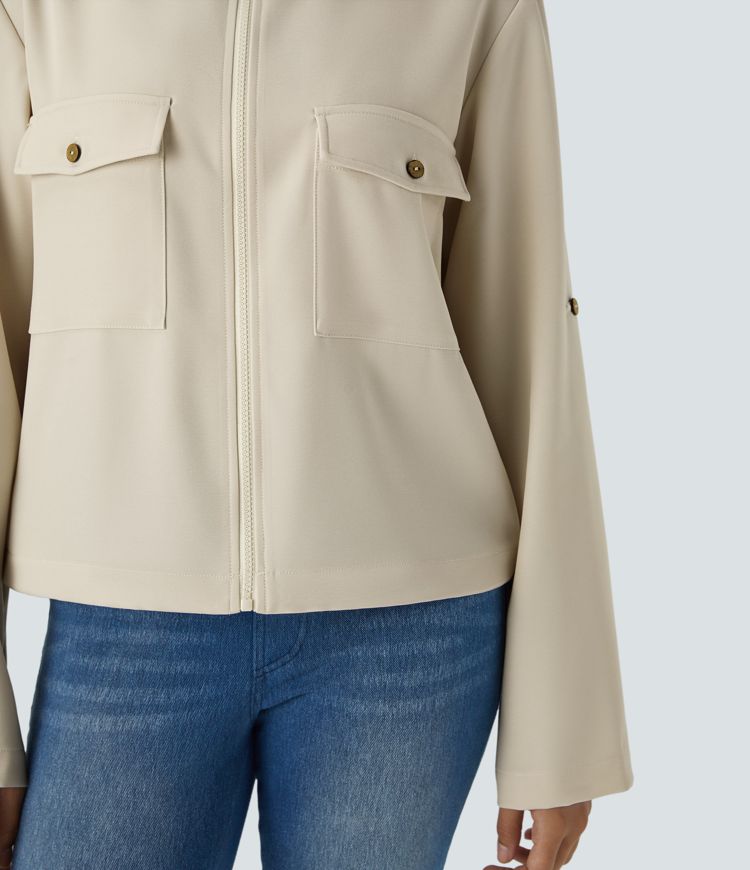 Stand Collar Roll Tab Sleeve Flap Pocket Inside Drawstring Hem Zip Casual Jacket