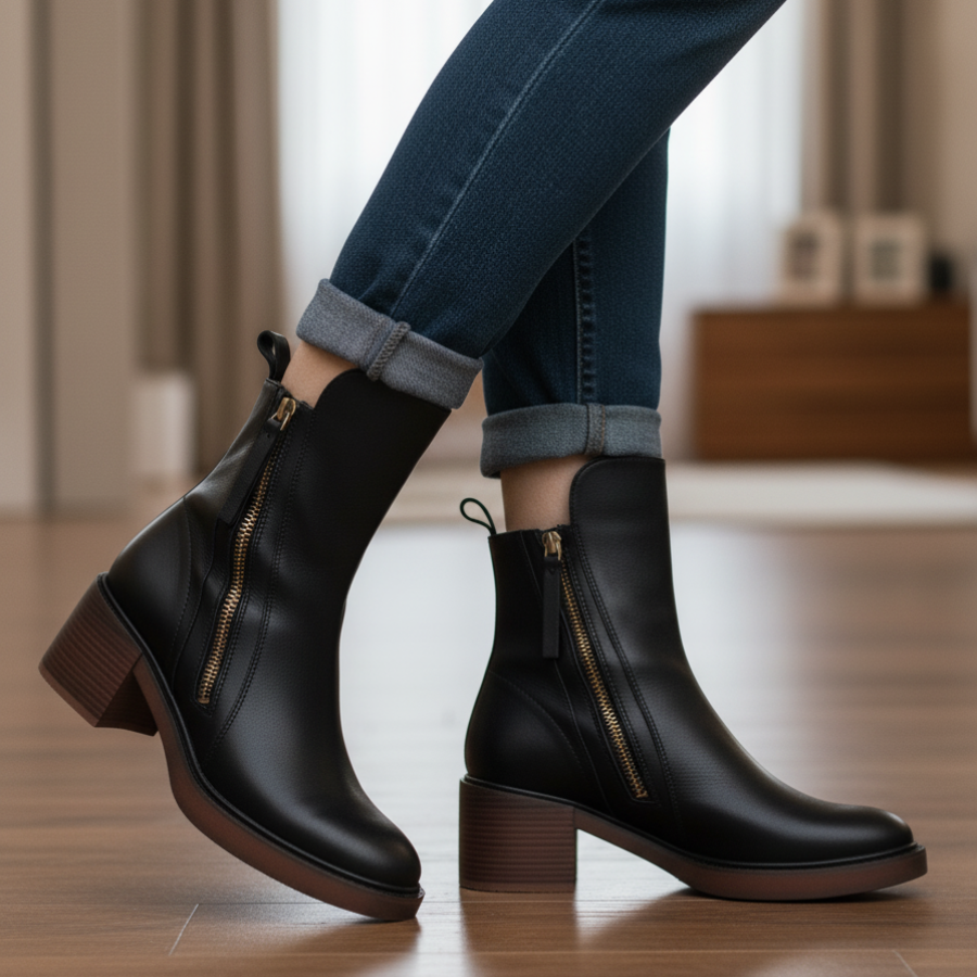 Belle| Black leather ankle boots with comfortable heel