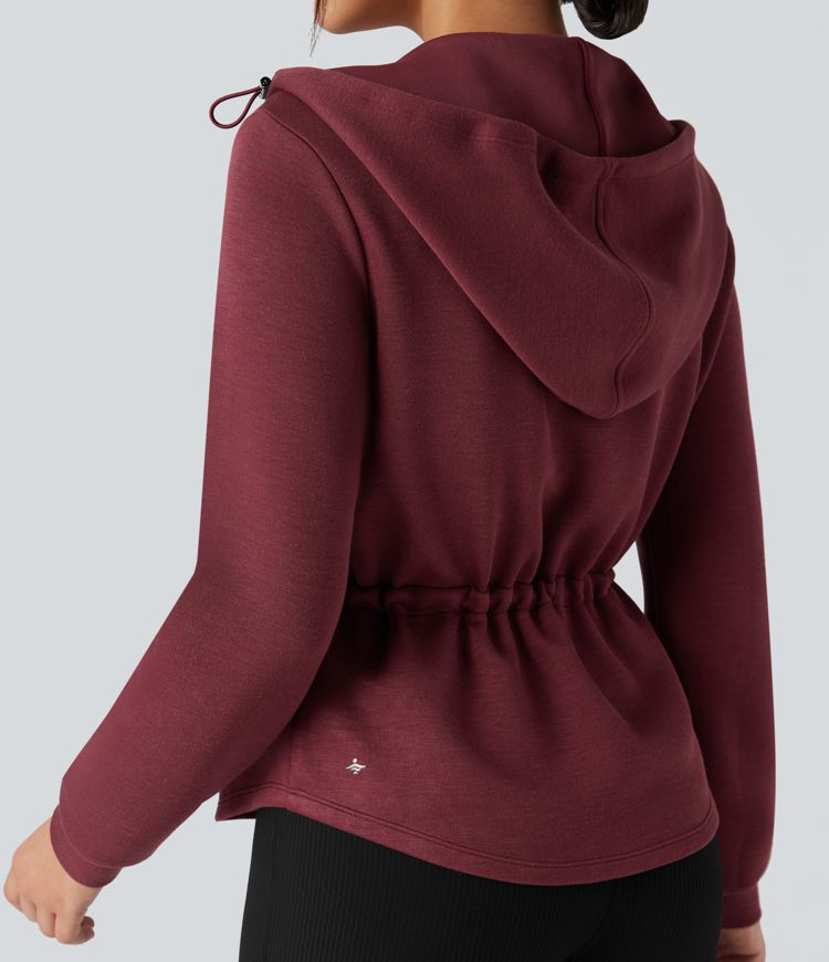 Hooded Long Sleeve Drawstring Zip Fly Curved Hem Workout Jacket