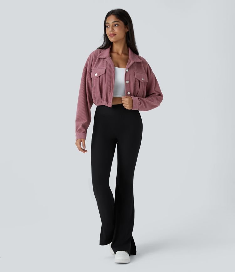 Collared Button Pocket Cropped Corduroy Casual Jacket