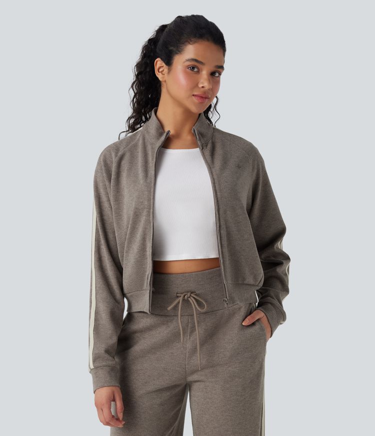 Ribbed Stand Collar Long Sleeve Zipper Color Block Casual Jacket with Pockets