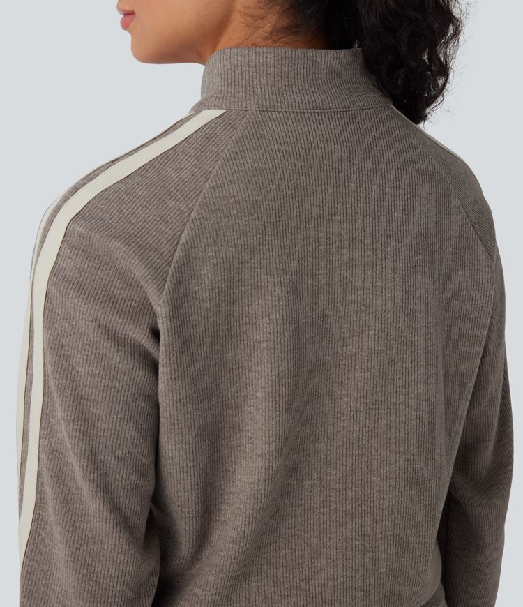 Ribbed Stand Collar Long Sleeve Zipper Color Block Casual Jacket with Pockets