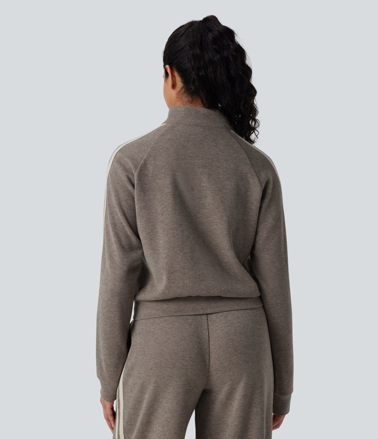 Ribbed Stand Collar Long Sleeve Zipper Color Block Casual Jacket with Pockets