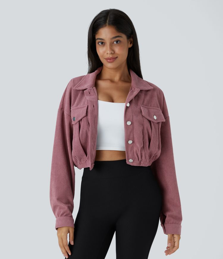 Collared Button Pocket Cropped Corduroy Casual Jacket