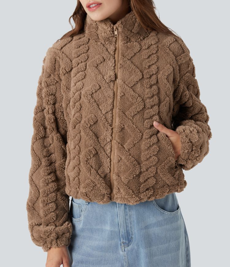High-neck Zip Fly Casual Fuzzy Jacket with Pockets