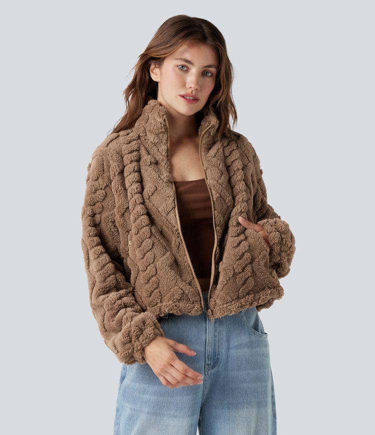High-neck Zip Fly Casual Fuzzy Jacket with Pockets