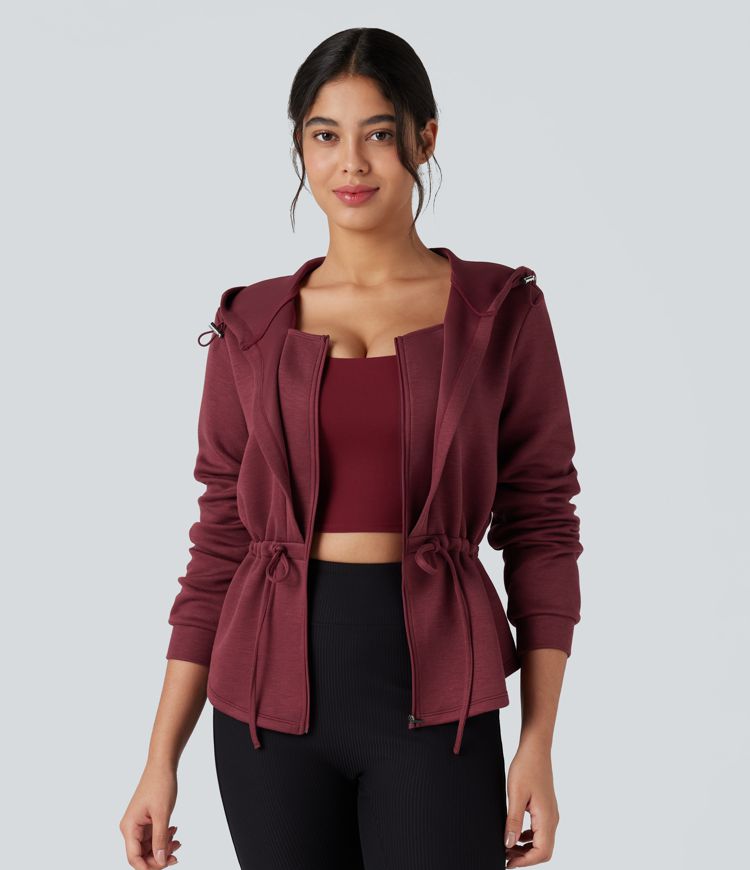 Hooded Long Sleeve Drawstring Zip Fly Curved Hem Workout Jacket