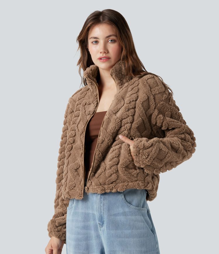 High-neck Zip Fly Casual Fuzzy Jacket with Pockets