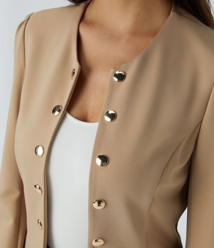 Round Neck Long Sleeve Decorative Button Slim Work Jacket