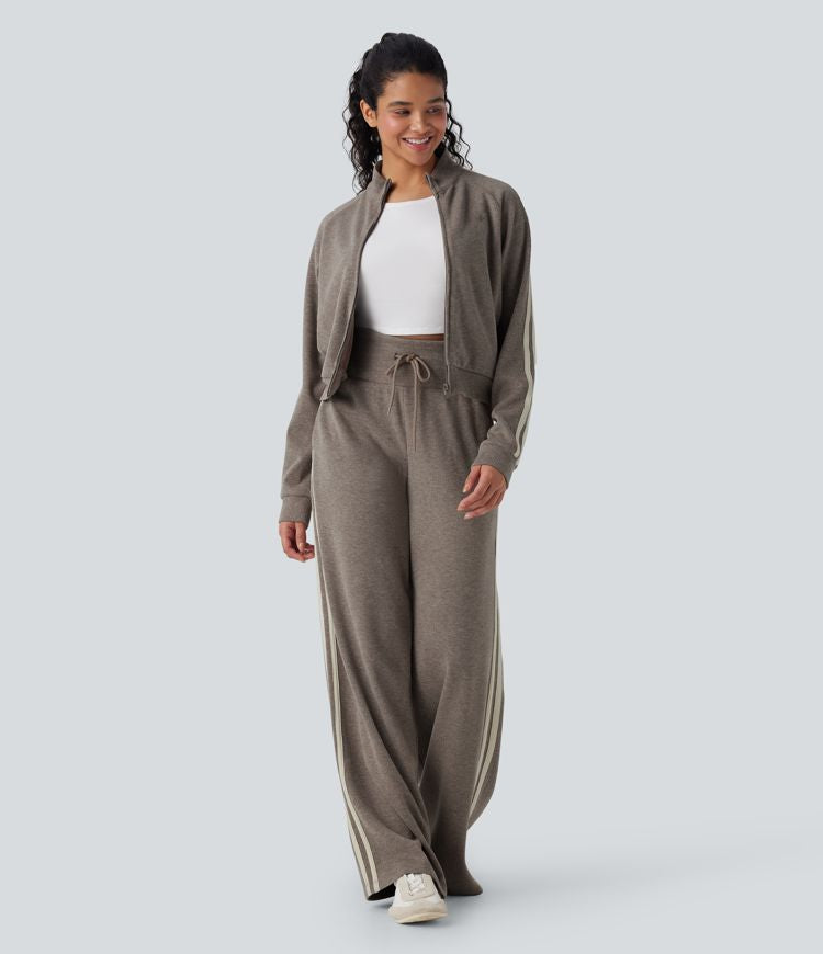 Ribbed Stand Collar Long Sleeve Zipper Color Block Casual Jacket with Pockets