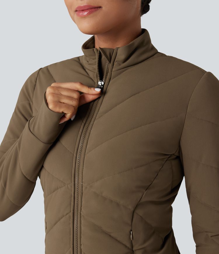 Stand Collar Long Sleeve Thumb Hole Casual Padded Jacket with Pockets