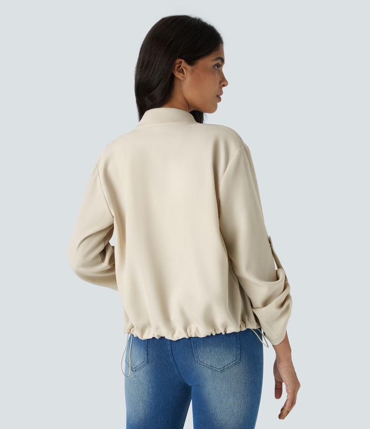 Stand Collar Roll Tab Sleeve Flap Pocket Inside Drawstring Hem Zip Casual Jacket
