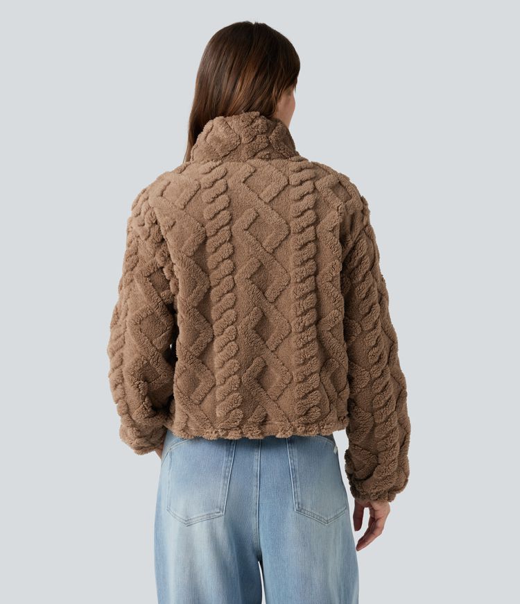High-neck Zip Fly Casual Fuzzy Jacket with Pockets