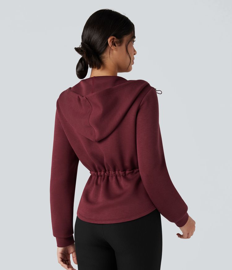Hooded Long Sleeve Drawstring Zip Fly Curved Hem Workout Jacket