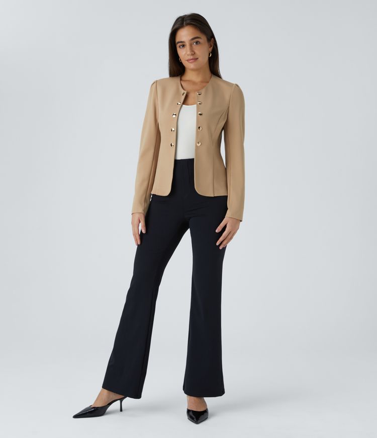 Round Neck Long Sleeve Decorative Button Slim Work Jacket