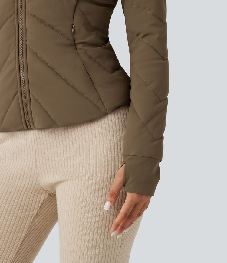 Stand Collar Long Sleeve Thumb Hole Casual Padded Jacket with Pockets