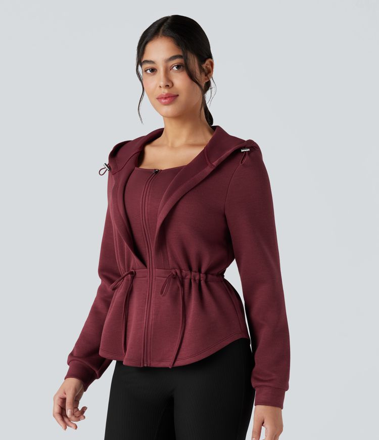 Hooded Long Sleeve Drawstring Zip Fly Curved Hem Workout Jacket