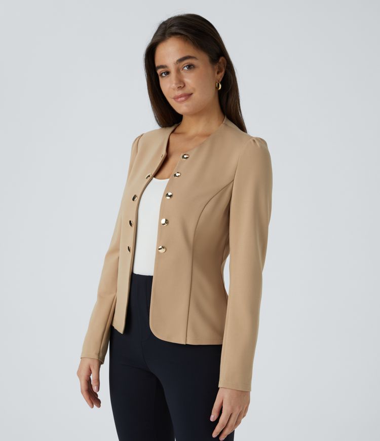 Round Neck Long Sleeve Decorative Button Slim Work Jacket