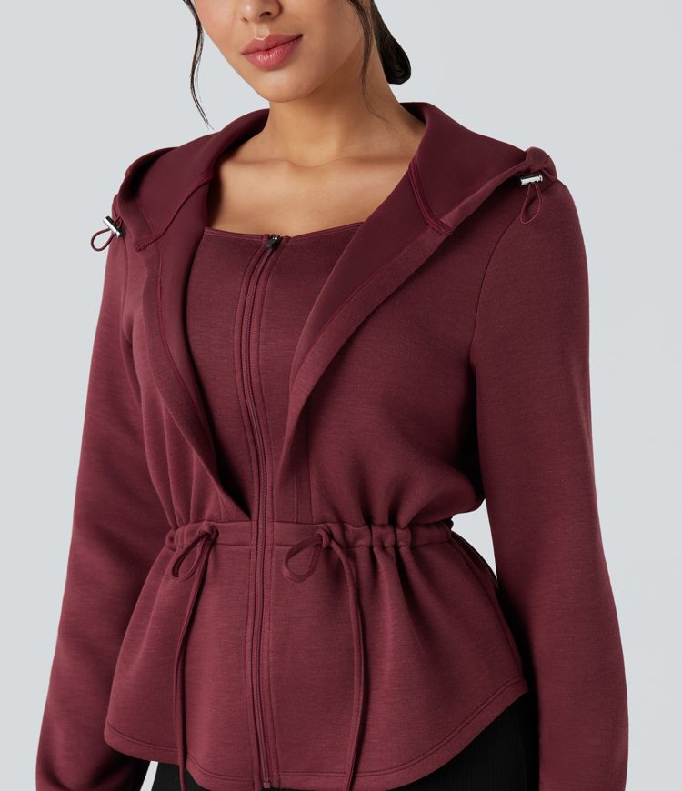 Hooded Long Sleeve Drawstring Zip Fly Curved Hem Workout Jacket