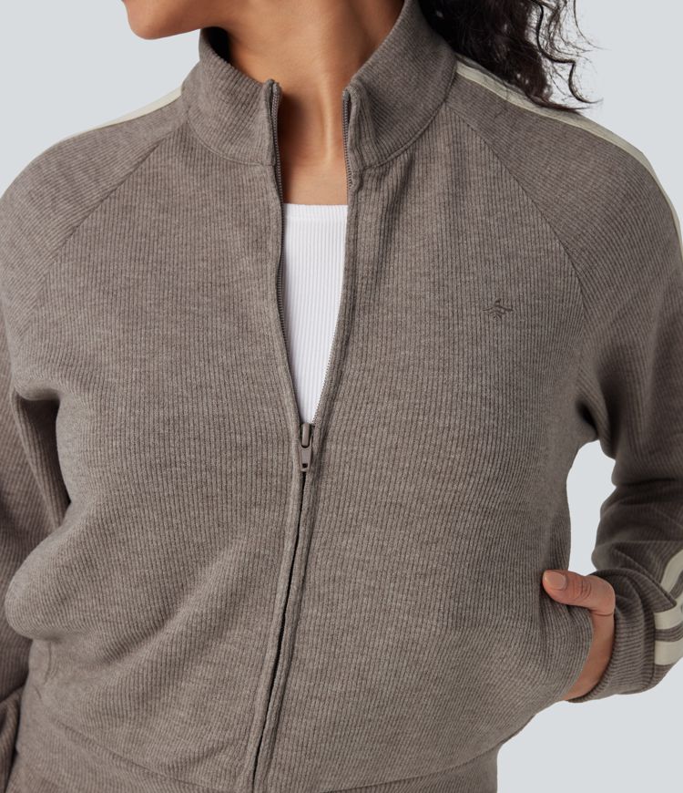 Ribbed Stand Collar Long Sleeve Zipper Color Block Casual Jacket with Pockets