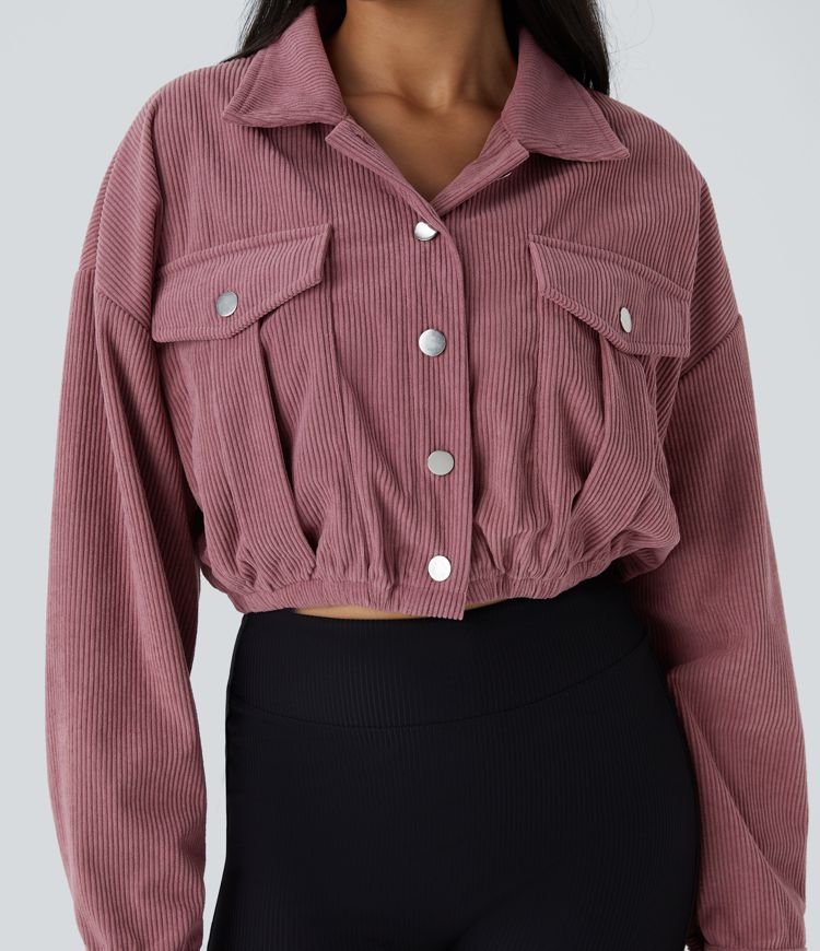 Collared Button Pocket Cropped Corduroy Casual Jacket