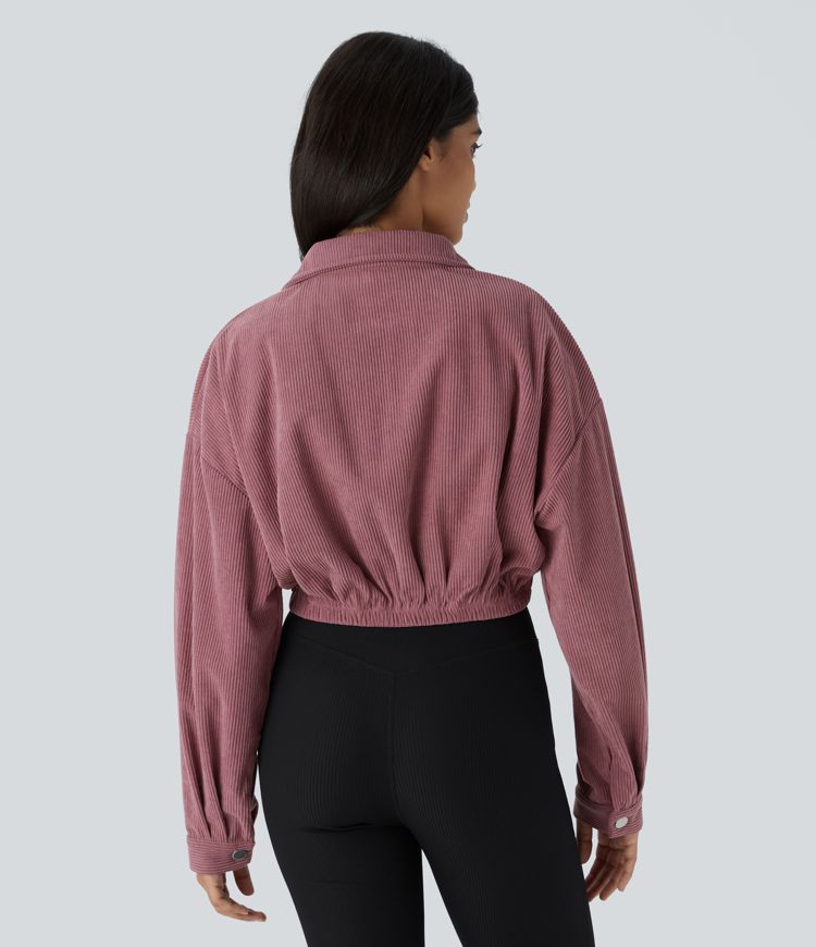 Collared Button Pocket Cropped Corduroy Casual Jacket