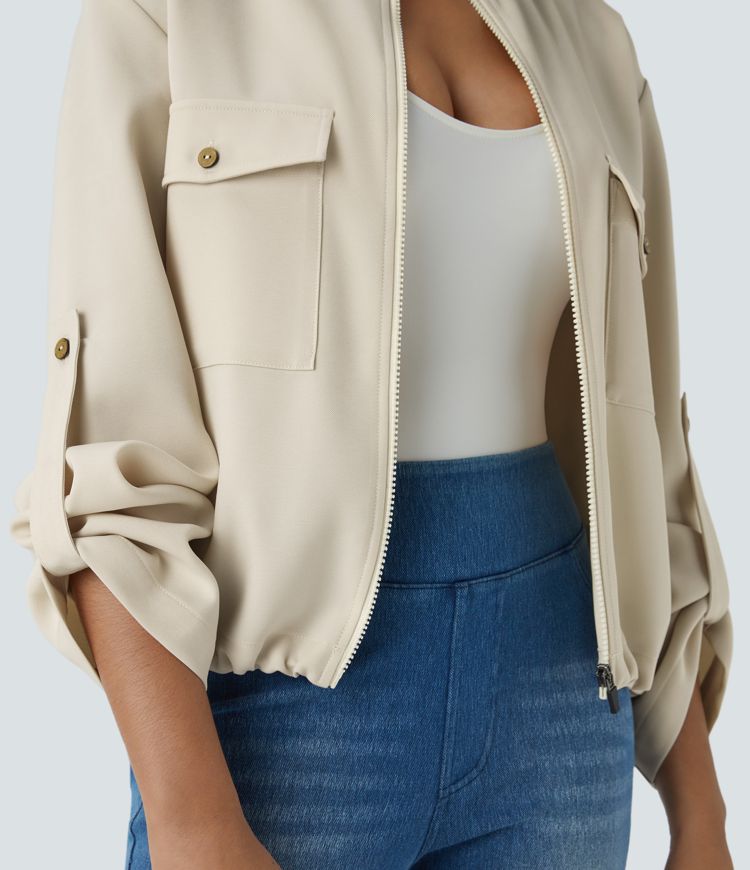 Stand Collar Roll Tab Sleeve Flap Pocket Inside Drawstring Hem Zip Casual Jacket