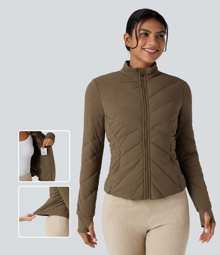 Stand Collar Long Sleeve Thumb Hole Casual Padded Jacket with Pockets