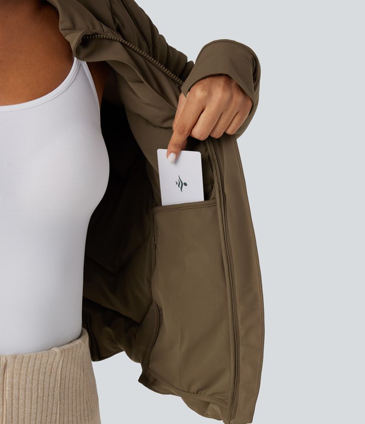 Stand Collar Long Sleeve Thumb Hole Casual Padded Jacket with Pockets