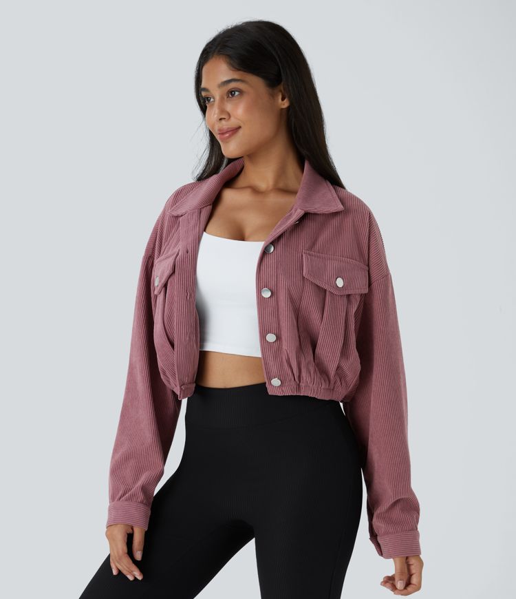 Collared Button Pocket Cropped Corduroy Casual Jacket