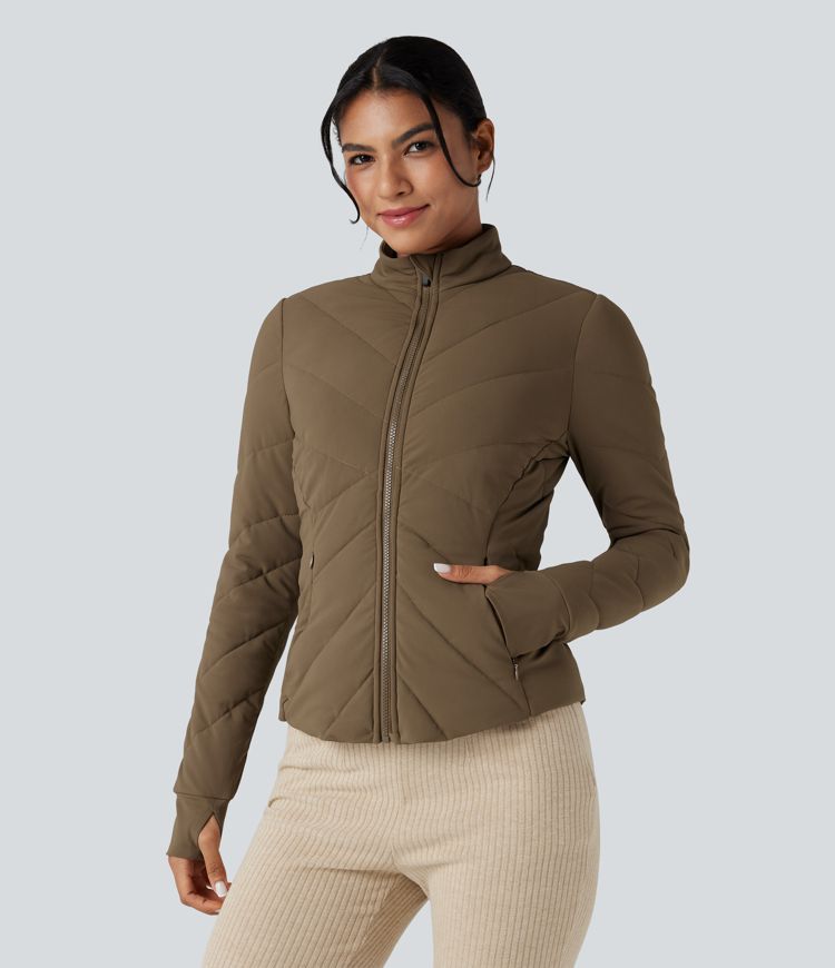 Stand Collar Long Sleeve Thumb Hole Casual Padded Jacket with Pockets