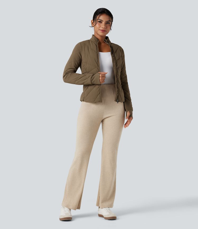 Stand Collar Long Sleeve Thumb Hole Casual Padded Jacket with Pockets