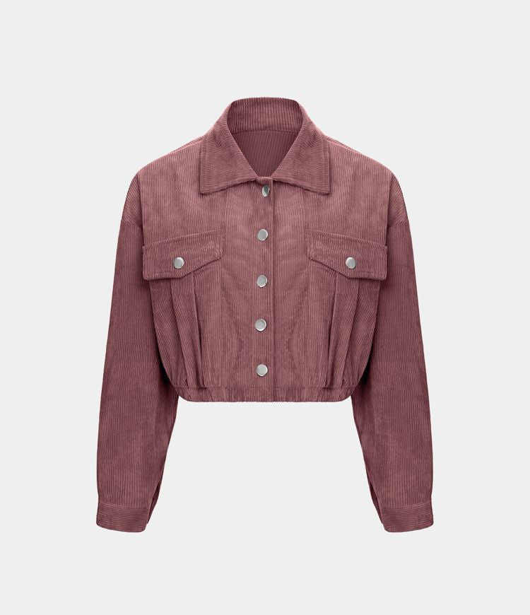 Collared Button Pocket Cropped Corduroy Casual Jacket