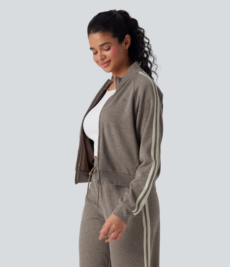 Ribbed Stand Collar Long Sleeve Zipper Color Block Casual Jacket with Pockets